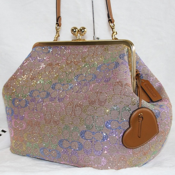 NWT COACH LARGE Oversized Kisslock Frame Bag Rainbow Crystal Signature Jacquard - Picture 2 of 9